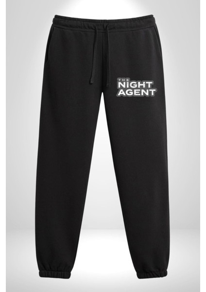The Night Agent Pamuklu 3 Iplik Siyah Eşofman Altı Erkek Oversize Kesim Dijital Baskılı