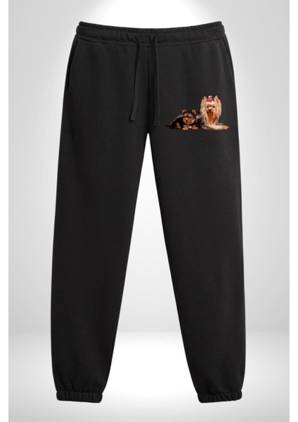 Yorkshire Teacup ve Anne Köpek 3 Iplik Erkek Baskılı Siyah Eşofman Altı