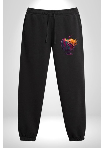 Yağlı Boya Elma Pamuklu 3 Iplik Siyah Eşofman Altı Erkek Oversize Kesim Dijital Baskılı indirimleri