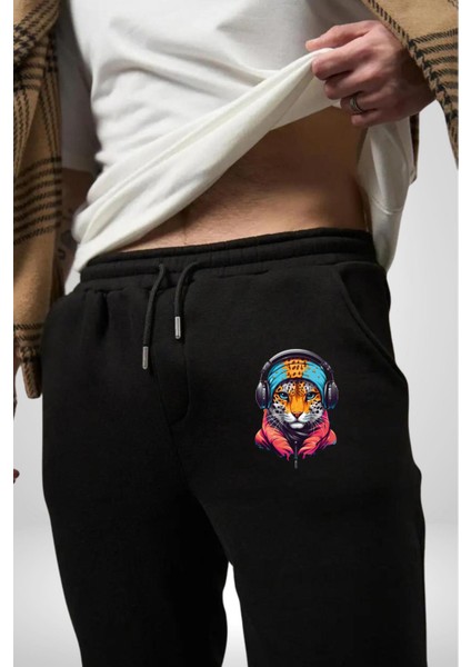 Kulaklık Kedi Leopar Bandana Pamuklu 3 Iplik Siyah Eşofman Altı Erkek Oversize Kesim Dijital Baskılı