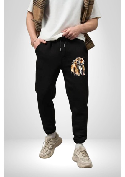 Cool Yakışıklı Kapüşonlu Spor Kaplan Pamuklu 3 Iplik Siyah Eşofman Altı Erkek Oversize Kesim Dijital Baskılı