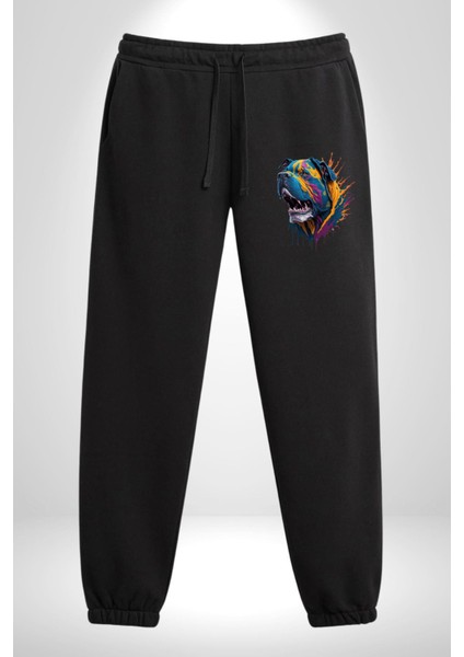 Köpek Saint Bernard Havlama Pamuklu 3 Iplik Siyah Eşofman Altı Erkek Oversize Kesim Dijital Baskılı indirimleri