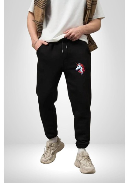 Unicorn Tek Boynuzlu At Pamuklu 3 Iplik Siyah Eşofman Altı Erkek Oversize Kesim Dijital Baskılı