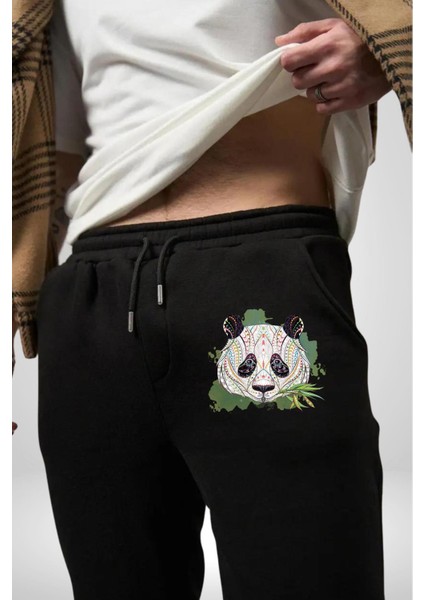 Panda Mandala Pamuklu 3 Iplik Siyah Eşofman Altı Erkek Oversize Kesim Dijital Baskılı