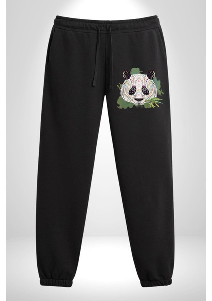Panda Mandala Pamuklu 3 Iplik Siyah Eşofman Altı Erkek Oversize Kesim Dijital Baskılı
