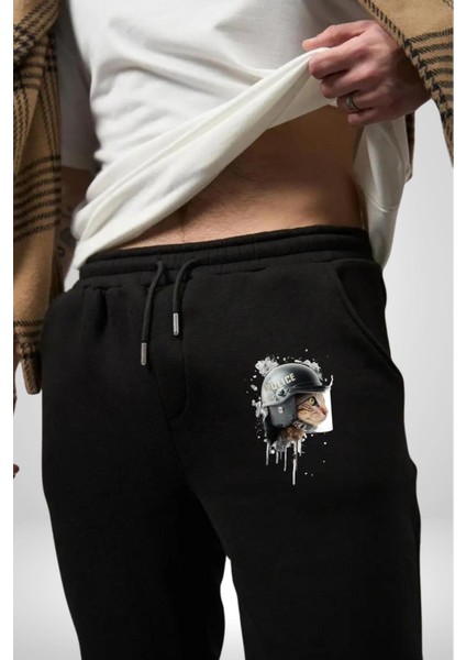 Kaket Polis Kedi Pamuklu 3 Iplik Siyah Eşofman Altı Erkek Oversize Kesim Dijital Baskılı fiyatları