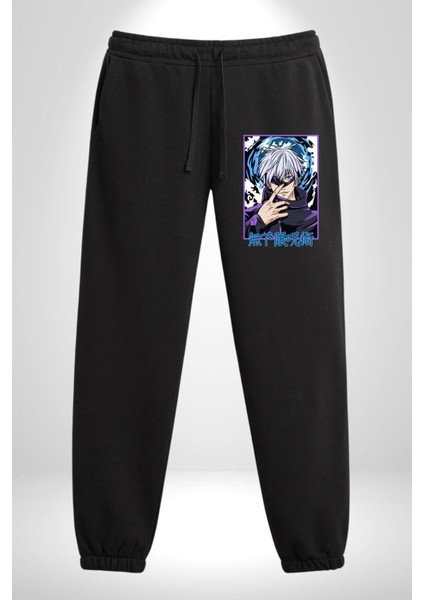 Jujutsu Vintage Washed - Megumi Gojo Anime Manga 3 Iplik Erkek Baskılı Siyah Eşofman Altı