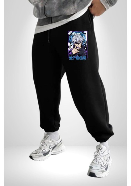 Jujutsu Vintage Washed - Megumi Gojo Anime Manga 3 Iplik Erkek Baskılı Siyah Eşofman Altı modelleri