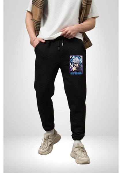Jujutsu Vintage Washed - Megumi Gojo Anime Manga 3 Iplik Erkek Baskılı Siyah Eşofman Altı indirimleri