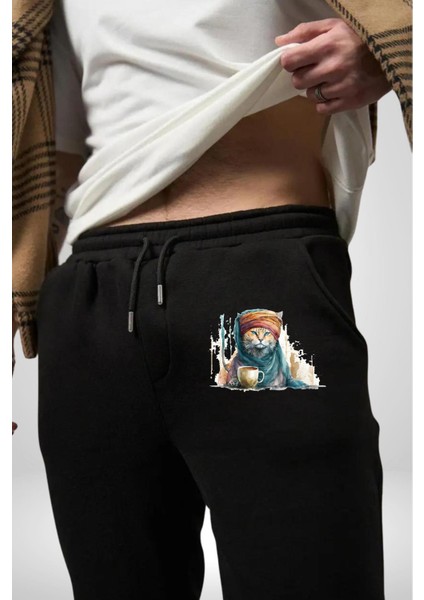 Türk Kahvesi Kedi Pamuklu 3 Iplik Siyah Eşofman Altı Erkek Oversize Kesim Dijital Baskılı fiyatları