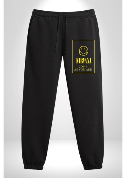 Nirvana Müzik Grubu 3 Iplik Erkek Baskılı Siyah Eşofman Altı