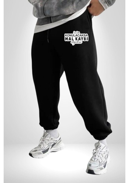 Isim Konulacaksa Mal Kaybı Diyelim Yazılı 3 Iplik Erkek Baskılı Siyah Eşofman Altı modelleri