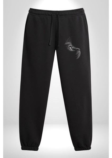 Kedi Bakışı Duygusal 3 Iplik Erkek Baskılı Siyah Eşofman Altı