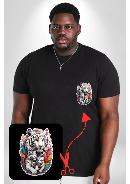 Beyaz Kaplan Ailesi Renkli Tüyler Siyah Büyük Beden Kadın Basic Minimal Baskılı Tişört