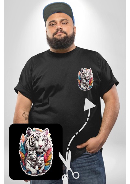 Beyaz Kaplan Ailesi Renkli Tüyler Siyah Büyük Beden Kadın Basic Minimal Baskılı Tişört modelleri