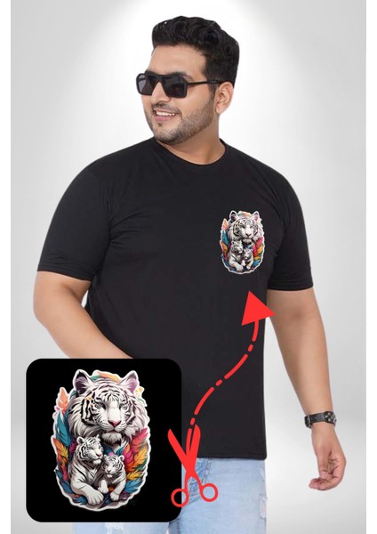 Beyaz Kaplan Ailesi Renkli Tüyler Siyah Büyük Beden Kadın Basic Minimal Baskılı Tişört fırsatları