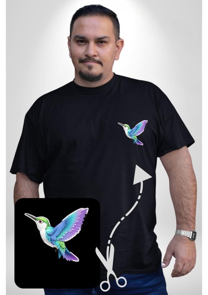 Sinek Kuşu Renkli Siyah Büyük Beden Kadın Basic Minimal Baskılı Tişört