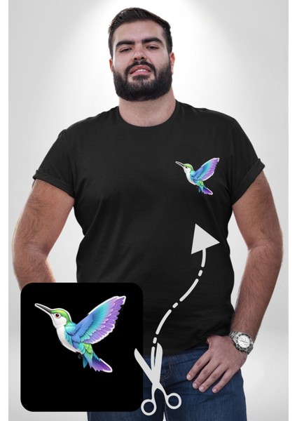 Sinek Kuşu Renkli Siyah Büyük Beden Kadın Basic Minimal Baskılı Tişört modelleri