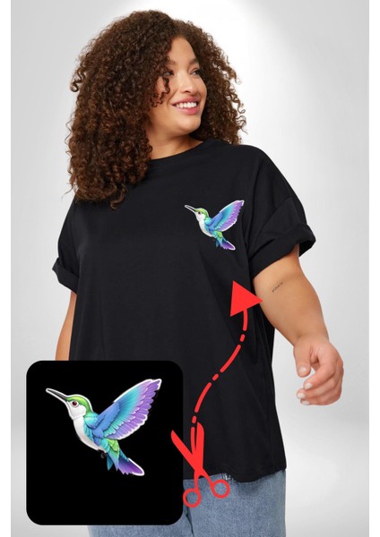 Sinek Kuşu Renkli Siyah Büyük Beden Kadın Basic Minimal Baskılı Tişört fırsatları