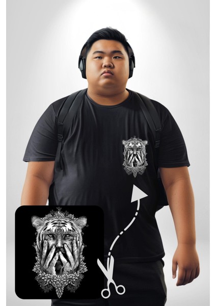 Yarım Insan Yarım Leopar Mutant Leopar Kral Siyah Büyük Beden Kadın Basic Minimal Baskılı Tişört