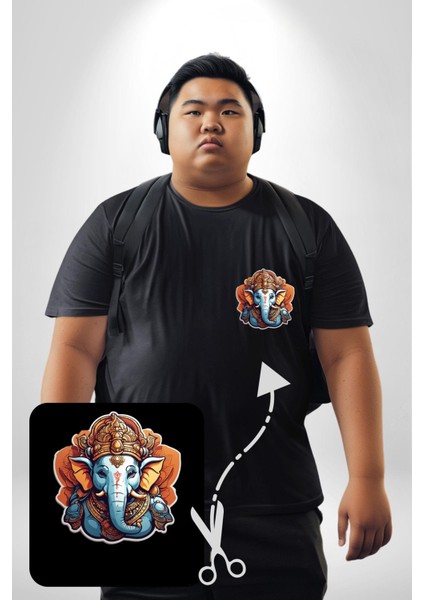 Hindu Fil Bereket Tanrısı Siyah Büyük Beden Kadın Basic Minimal Baskılı Tişört