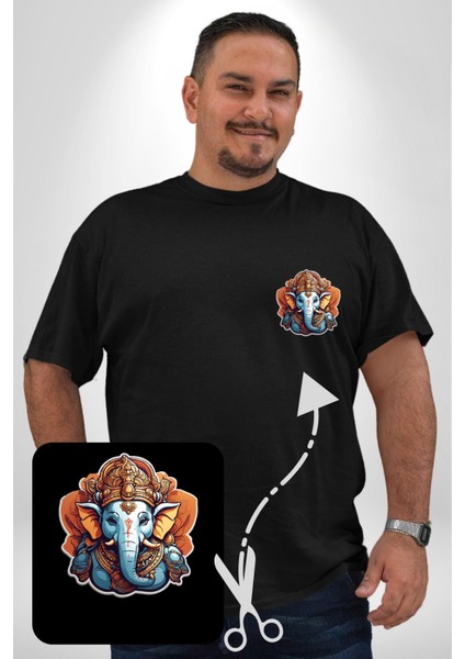 Hindu Fil Bereket Tanrısı Siyah Büyük Beden Kadın Basic Minimal Baskılı Tişört fiyatları