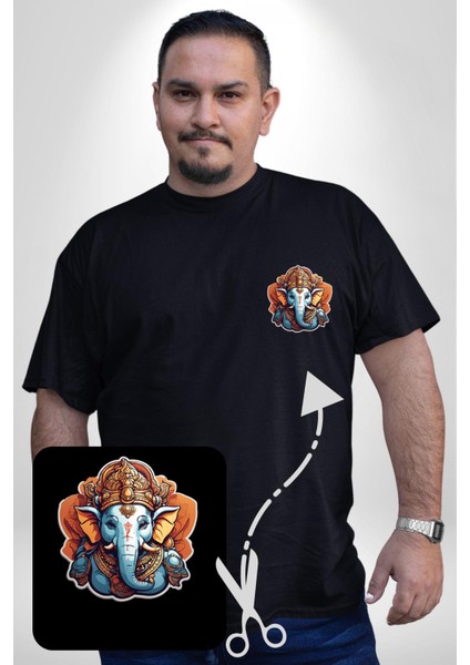 Hindu Fil Bereket Tanrısı Siyah Büyük Beden Kadın Basic Minimal Baskılı Tişört modelleri