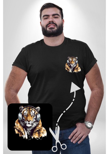 Müzik Dinleyen Kaplan Insan Mont Siyah Büyük Beden Kadın Basic Minimal Baskılı Tişört