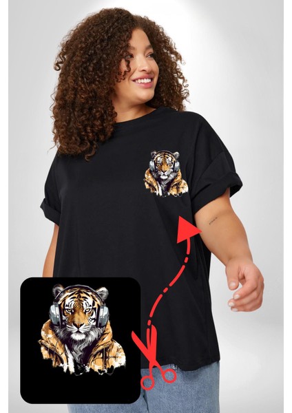 Müzik Dinleyen Kaplan Insan Mont Siyah Büyük Beden Kadın Basic Minimal Baskılı Tişört fiyatları