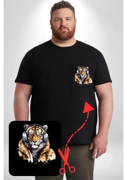 Müzik Dinleyen Kaplan Insan Mont Siyah Büyük Beden Kadın Basic Minimal Baskılı Tişört modelleri