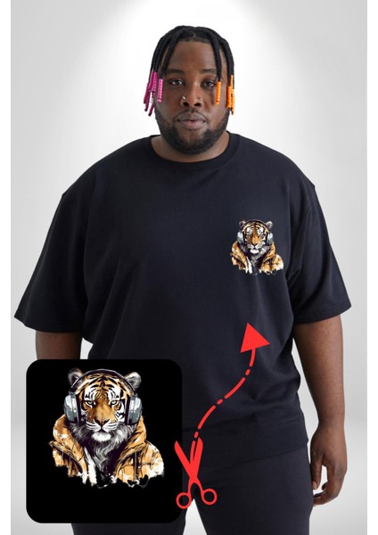 Müzik Dinleyen Kaplan Insan Mont Siyah Büyük Beden Kadın Basic Minimal Baskılı Tişört fırsatları