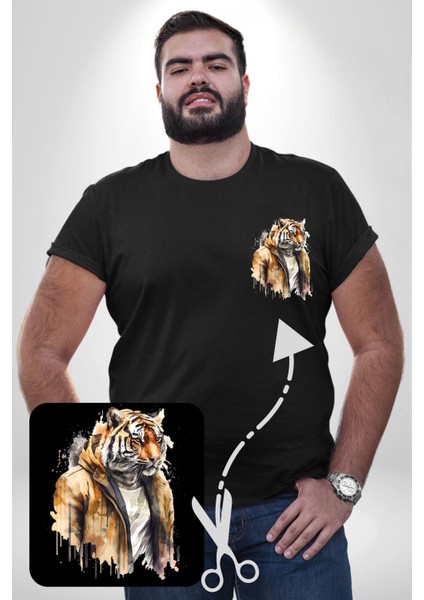 Cool Yakışıklı Kapüşonlu Spor Kaplan Siyah Büyük Beden Kadın Basic Minimal Baskılı Tişört