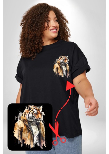 Cool Yakışıklı Kapüşonlu Spor Kaplan Siyah Büyük Beden Kadın Basic Minimal Baskılı Tişört fiyatları