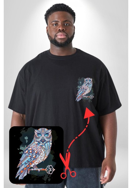 Anahtar Baykuş Tuval Siyah Büyük Beden Kadın Basic Minimal Baskılı Tişört