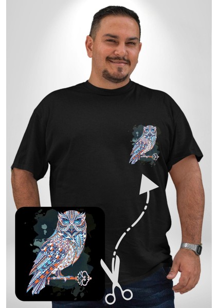 Anahtar Baykuş Tuval Siyah Büyük Beden Kadın Basic Minimal Baskılı Tişört modelleri