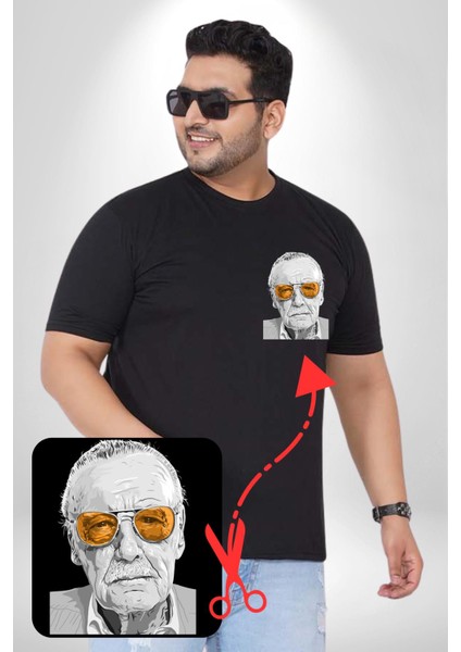 Stan Lee Siyah Büyük Beden Kadın Basic Minimal Baskılı Tişört