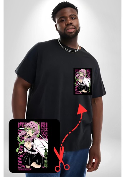 Anime Demon Slayer Kimetsu No Yaiba Mitsuri Kanroji Siyah Büyük Beden Kadın Basic Minimal Baskılı Tişört