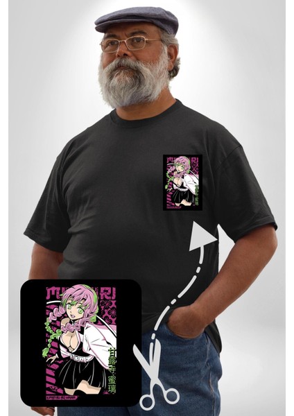 Anime Demon Slayer Kimetsu No Yaiba Mitsuri Kanroji Siyah Büyük Beden Kadın Basic Minimal Baskılı Tişört