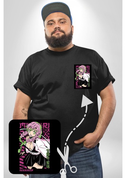 Anime Demon Slayer Kimetsu No Yaiba Mitsuri Kanroji Siyah Büyük Beden Kadın Basic Minimal Baskılı Tişört