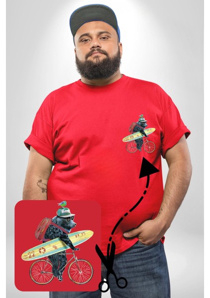 Komik Köpek Sörf Tahtası Bisiklet Kırmızı Büyük Beden Kadın Basic Minimal Baskılı Tişört