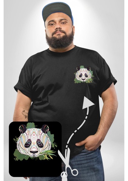 Panda Mandala Siyah Büyük Beden Kadın Basic Minimal Baskılı Tişört