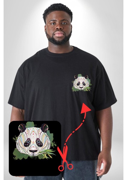 Panda Mandala Siyah Büyük Beden Kadın Basic Minimal Baskılı Tişört modelleri