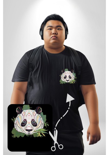 Panda Mandala Siyah Büyük Beden Kadın Basic Minimal Baskılı Tişört fırsatları