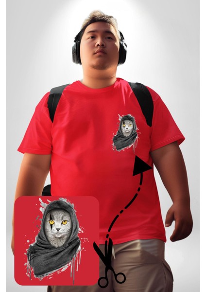 Safari Kedi Şal Eşarp Kırmızı Büyük Beden Kadın Basic Minimal Baskılı Tişört