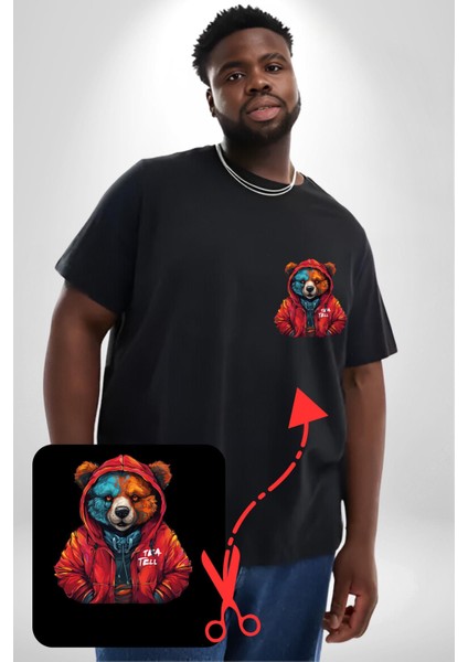 Kırmızı Hoodie Ayı Siyah Büyük Beden Kadın Basic Minimal Baskılı Tişört