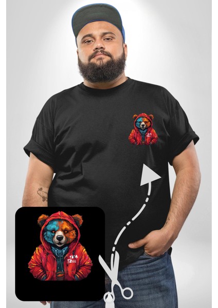 Kırmızı Hoodie Ayı Siyah Büyük Beden Kadın Basic Minimal Baskılı Tişört