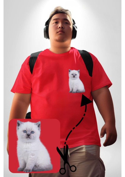Beyaz Yavru Kedi Kırmızı Büyük Beden Kadın Basic Minimal Baskılı Tişört