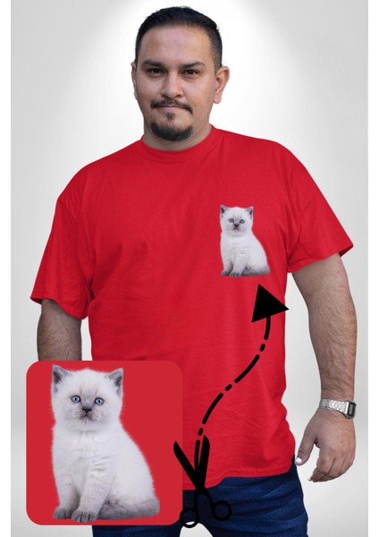 Beyaz Yavru Kedi Kırmızı Büyük Beden Kadın Basic Minimal Baskılı Tişört fiyatları