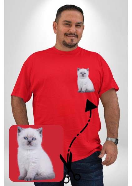 Beyaz Yavru Kedi Kırmızı Büyük Beden Kadın Basic Minimal Baskılı Tişört modelleri