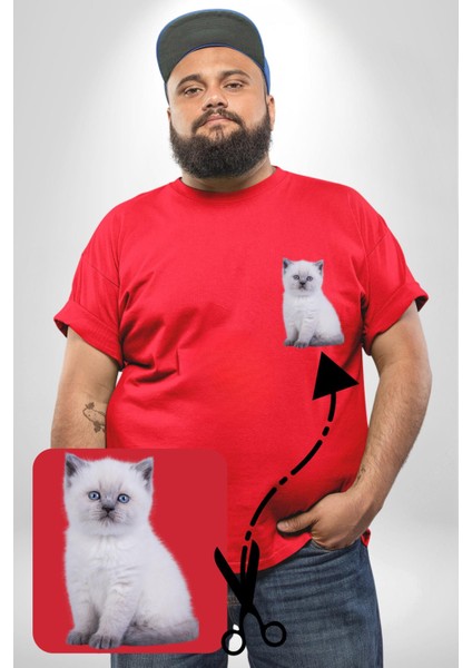 Beyaz Yavru Kedi Kırmızı Büyük Beden Kadın Basic Minimal Baskılı Tişört fırsatları